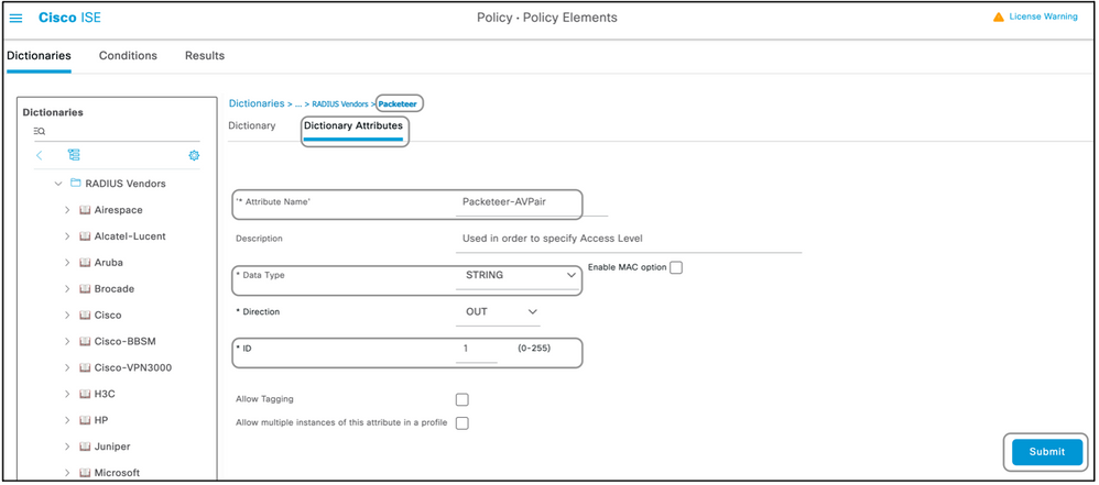 Selecciones de atributos de diccionario de Cisco ISE y, a continuación, Enviar