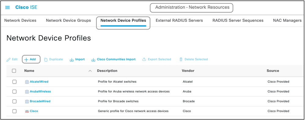 ملفات تعريف جهاز شبكة Cisco ISE