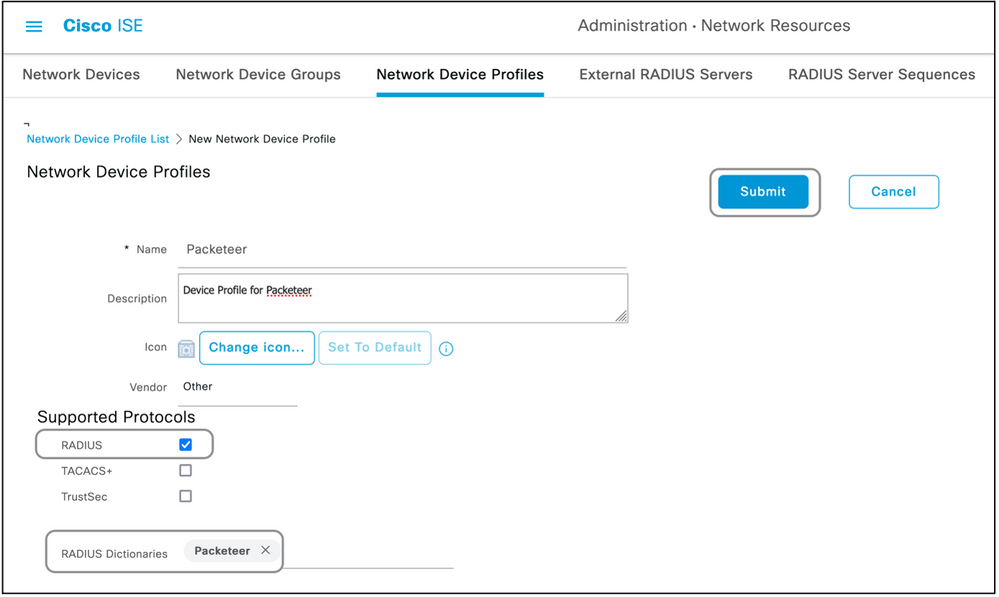 إضافة توصيفات جهاز شبكة Cisco ISE، ثم إرسال