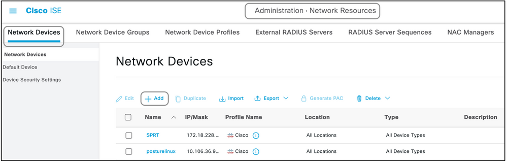 Dispositivos de red Cisco ISE