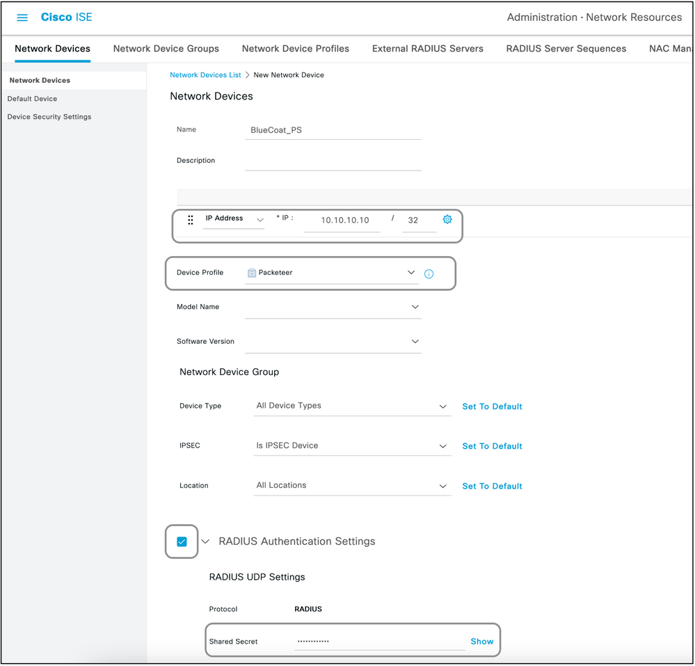 Dispositivos de red Cisco ISE Seleccione la dirección IP y el perfil del dispositivo