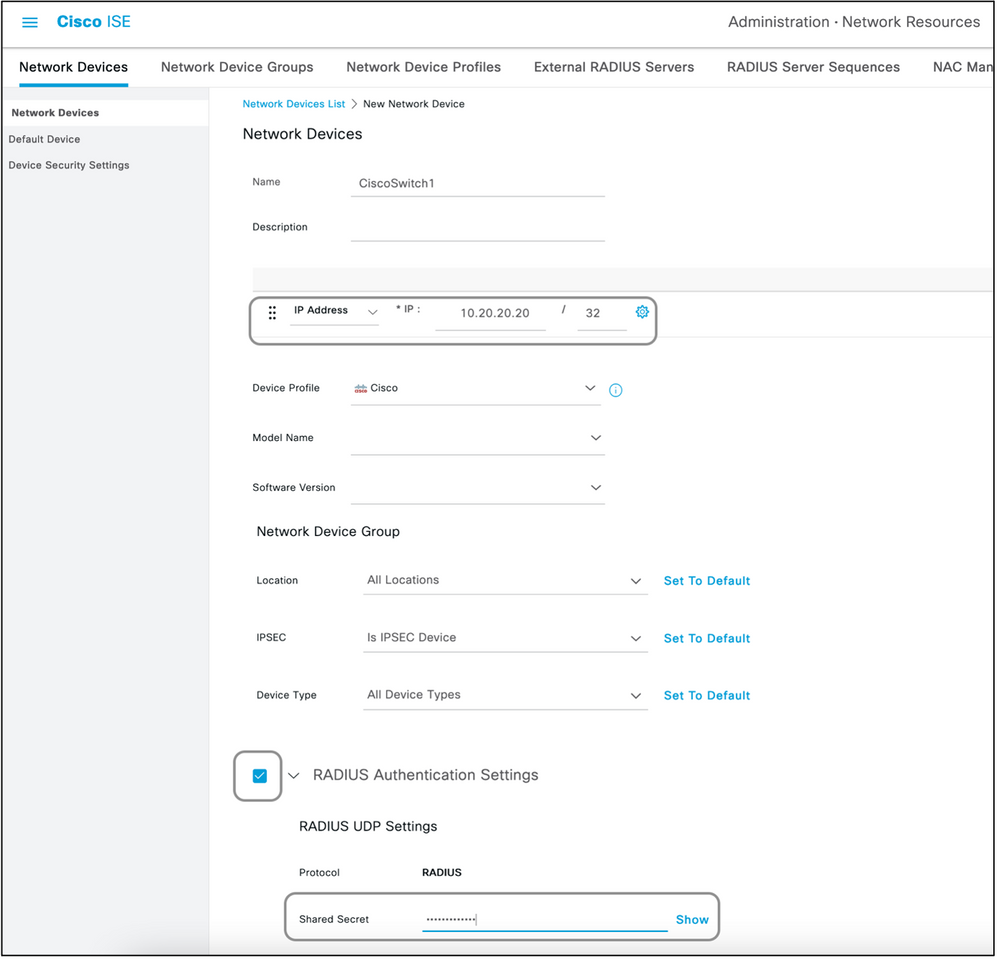 Dispositivos de red Cisco ISE Seleccione los parámetros de autenticación de IP RADIUS