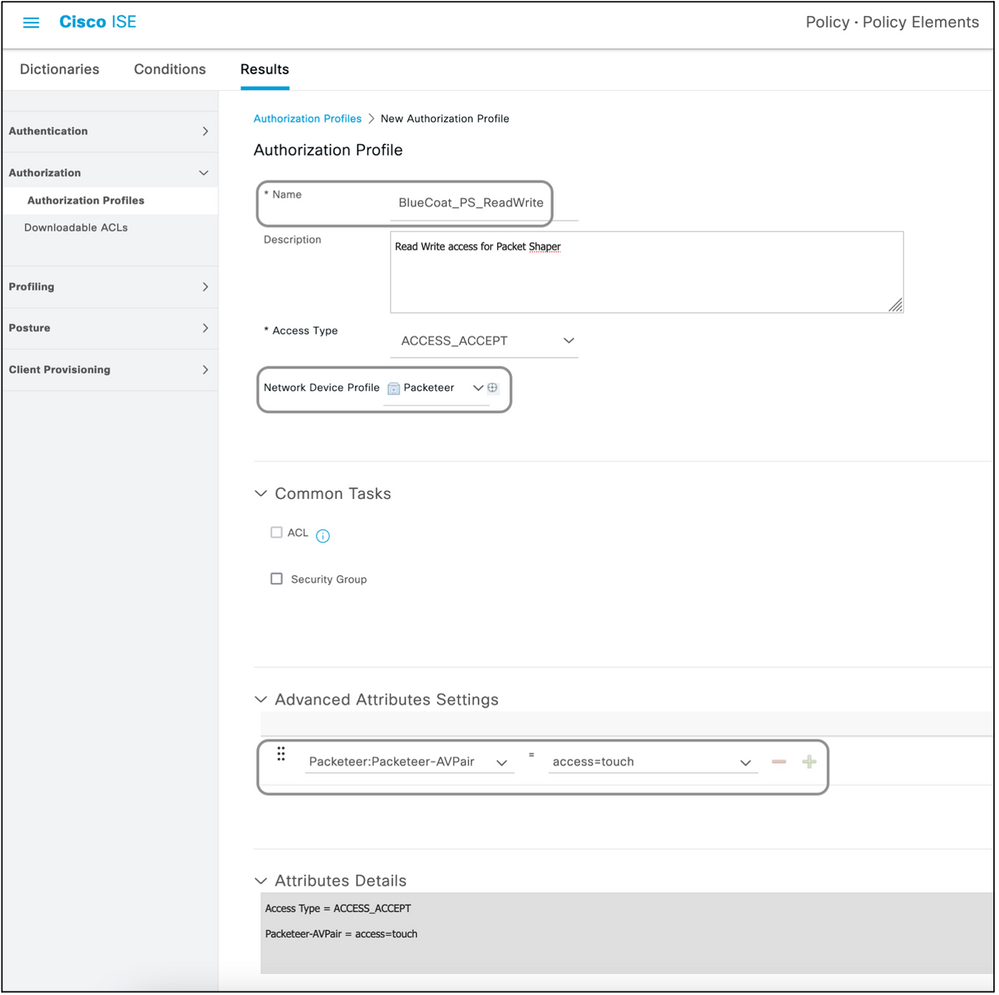 Cisco ISE Crear perfiles de autorización estándar, seleccionar nombre y red