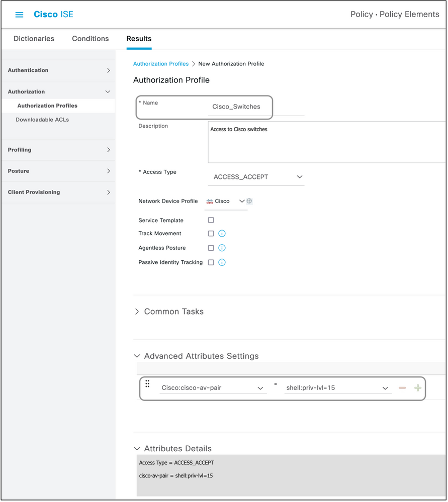 Cisco ISE Crear perfiles de autorización estándar, Seleccionar nombre y red, Seleccionar nombre