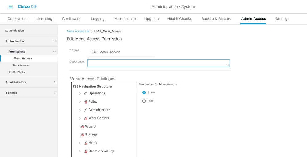 Autorizzazioni di accesso al menu