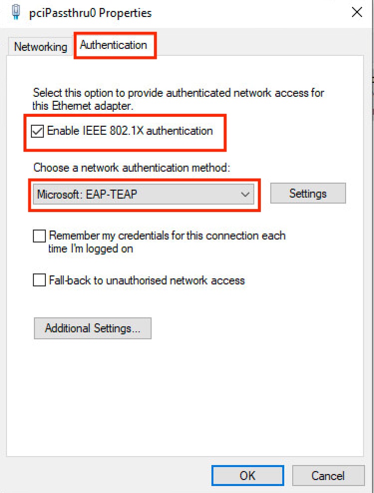 Autenticazione configurazione supplicant nativo di Windows