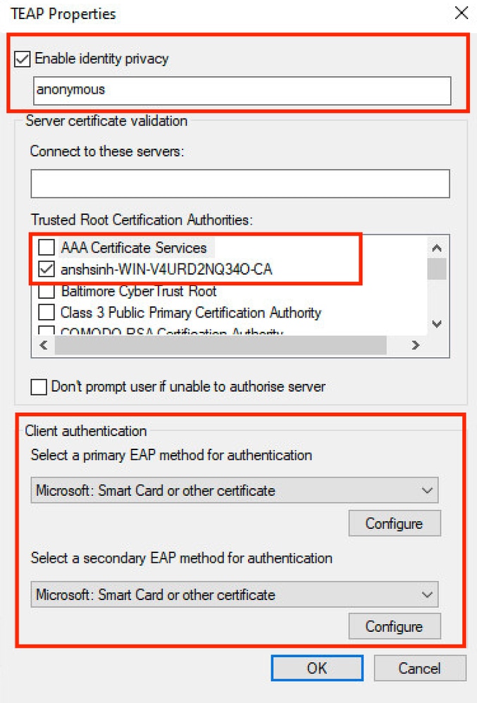 Configurazione supplicant nativo di Windows - Abilita criterio di identità