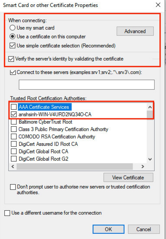 Configurazione supplicant nativo di Windows - Servizi certificati AAA