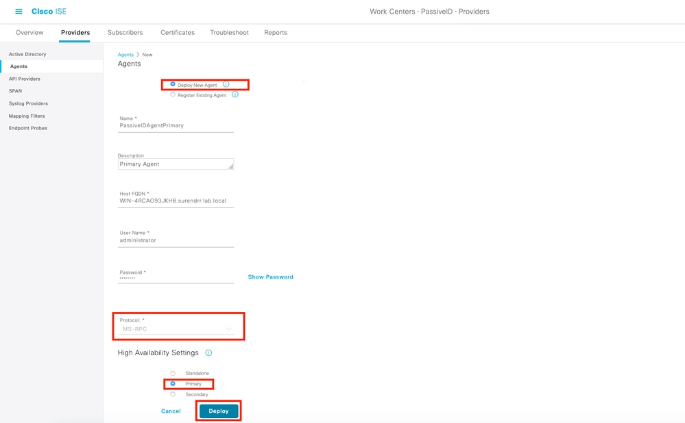 Configurare ISE per l'agente PassiveID - Distribuire un nuovo agente