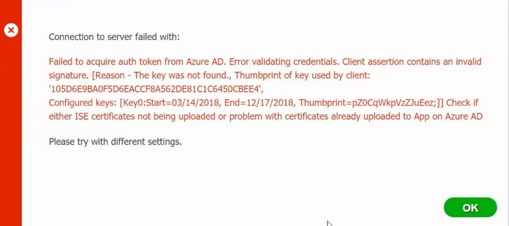 Intégrer Intune MDM avec ISE - Échec de l'acquisition du jeton d'authentification à partir du message d'erreur Azure AD