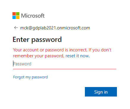 Microsoft Sign-in onjuist wachtwoord