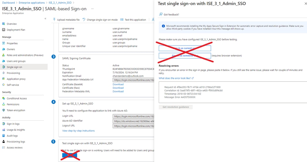 Falha Esperada no Logon Único de Teste