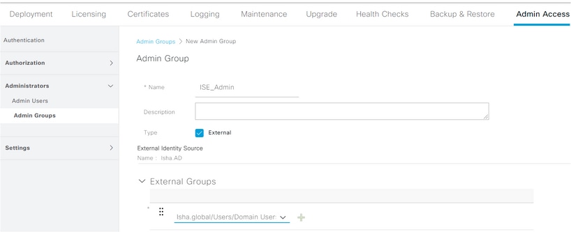 Integración de Microsoft AD para Cisco ISE: configuración del grupo de administradores para la asignación del grupo de AD