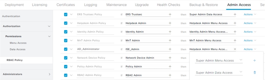 تكامل Microsoft AD ل Cisco ISE - تعيين أذونات RBAC لمجموعة المسؤولين