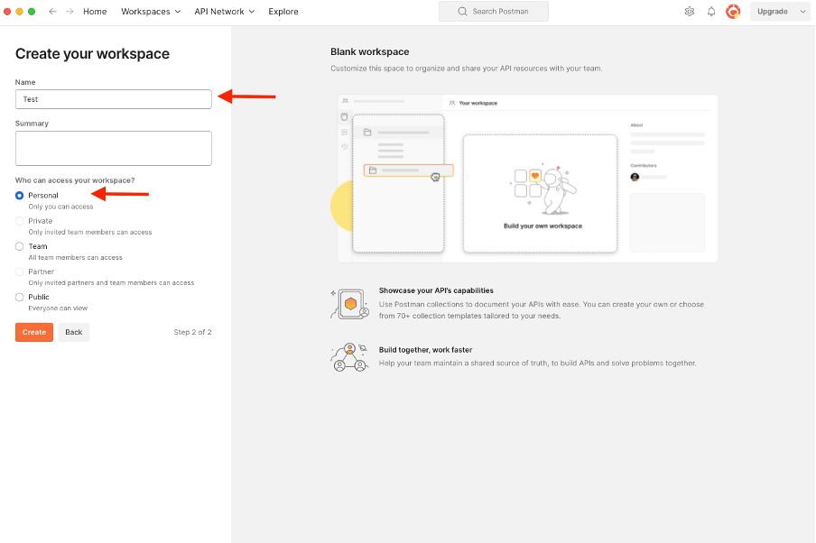 Crear nombre de espacio de trabajo y tipo de acceso