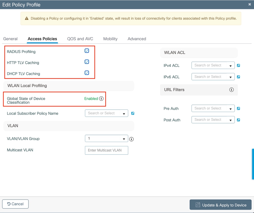 Configurazione profilatura e memorizzazione nella cache RADIUS