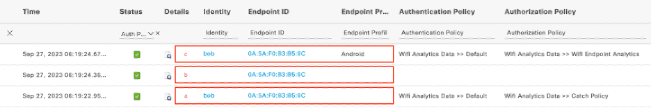 Log ISE Live per il test dell'endpoint