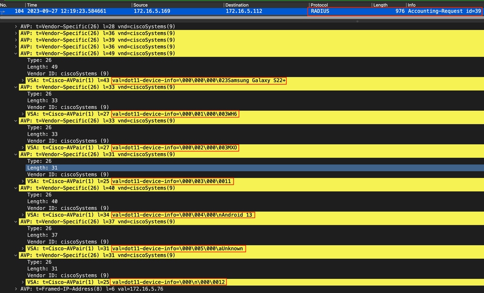 Attributi TLV endpoint all'interno di un pacchetto di accounting