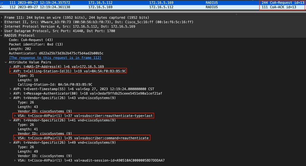 エンドポイントプロファイリング後のRADIUS CoAパケット