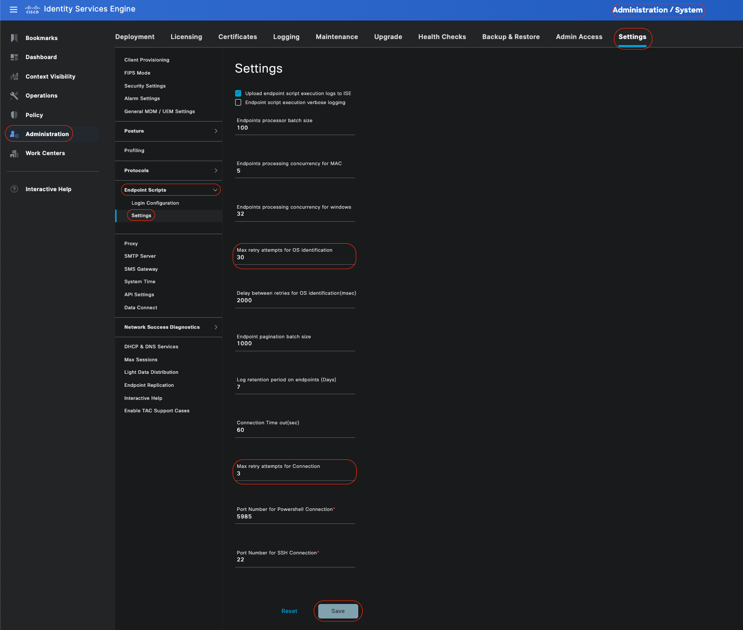 Paramètres de script Endpoint