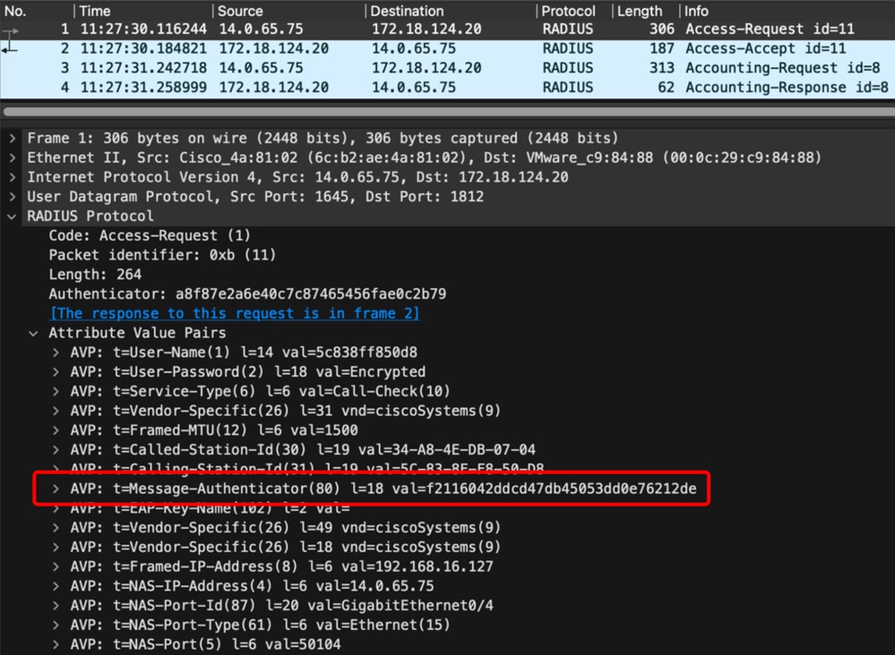 Attributo message-authenticator in Radius access-request