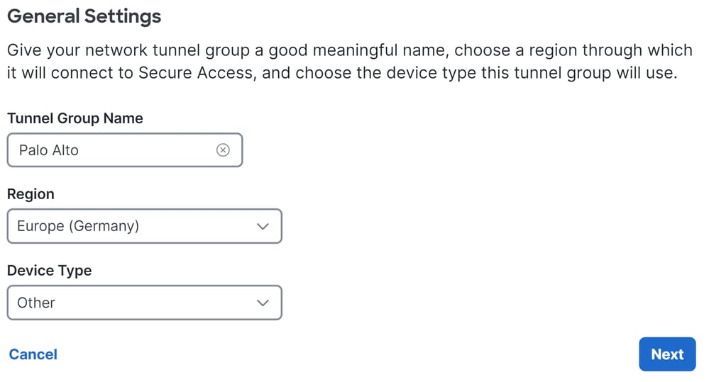 Network Tunnel Group - Impostazioni generali