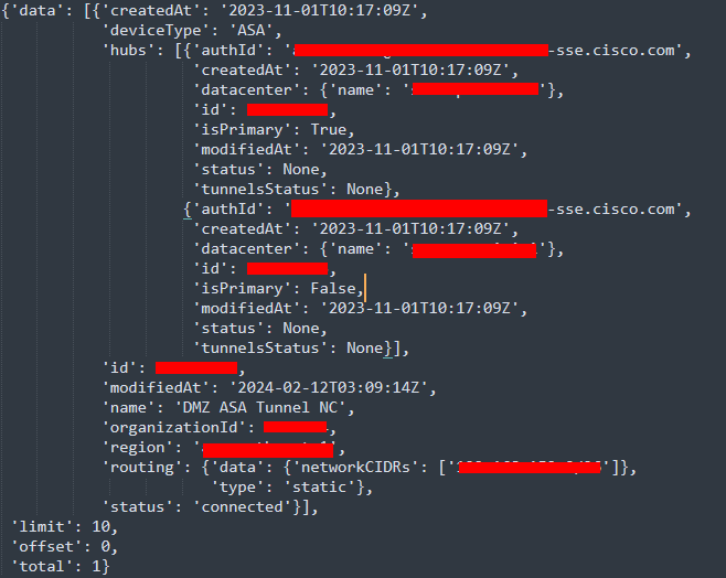 Python-uitvoer - Network Tunnel Groups