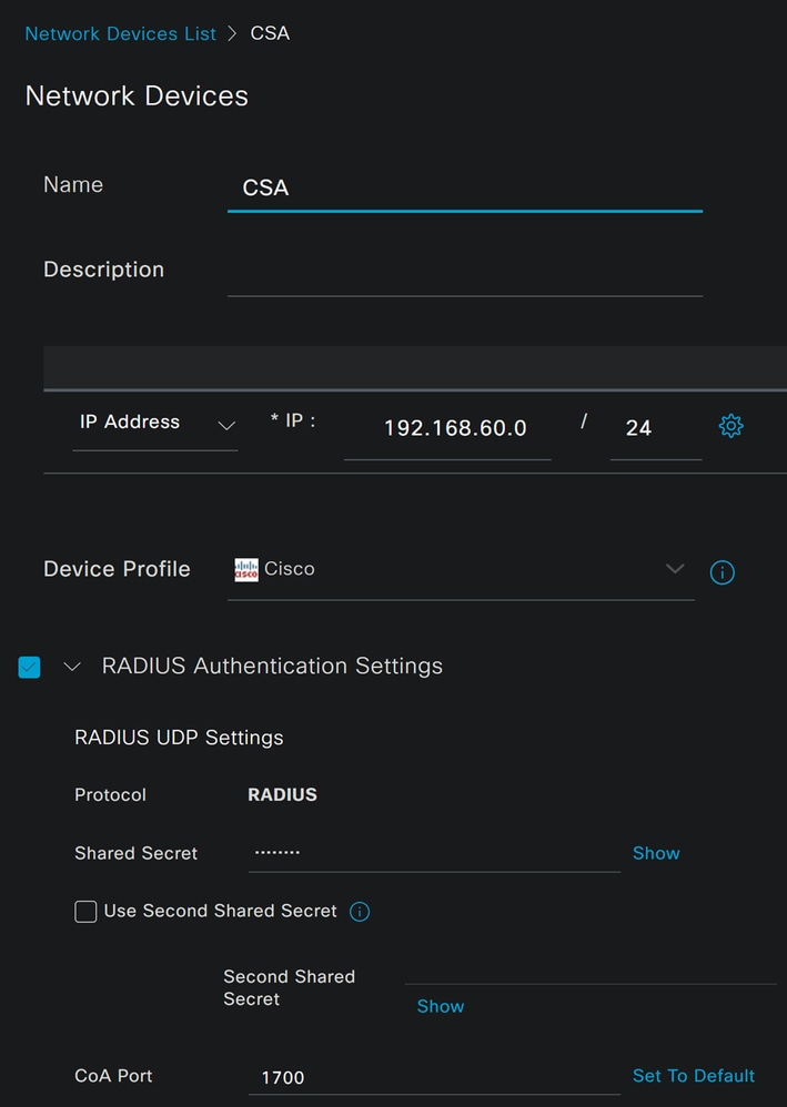 ISE - Lista de dispositivos de red - CSA