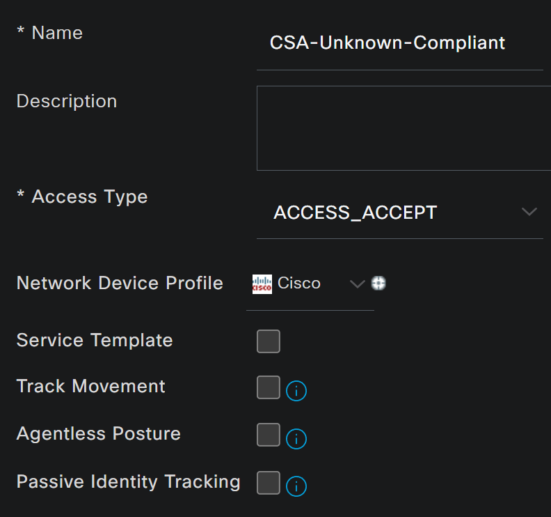 ISE - Perfil de autorización - CSA-Unknown-Compliant