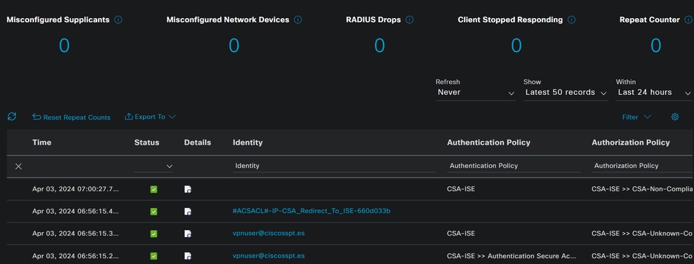 ISE - Registros en directo de Radius - Cumplimiento de estado