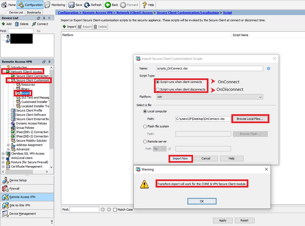 Configurações de script do AnyConnect ASDM