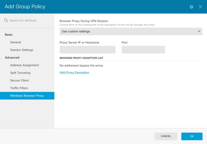 Menú de directiva de grupo en FDM que muestra la opción Usar configuración personalizada en el proxy del explorador durante la sesión VPN