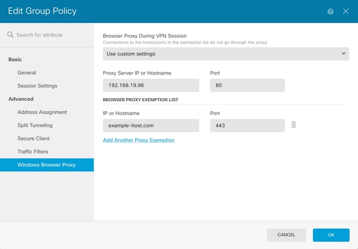 Menu de Política de Grupo no FDM Mostrando example-host.com e Porta 443 na Lista de Isenção de Proxy do Navegador