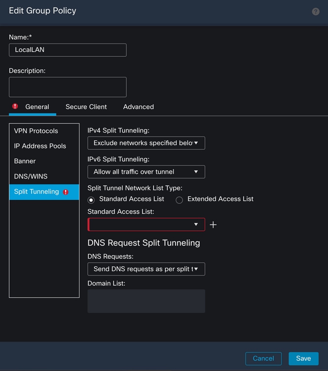 Group Policy Menu on Split Tunneling Section