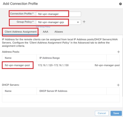 Detalhes do perfil de conexão para o Manager VPN Client