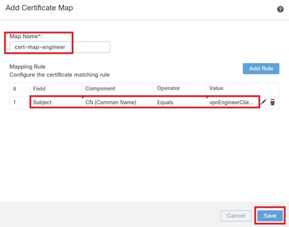 Mapa do certificado para o cliente do engenheiro