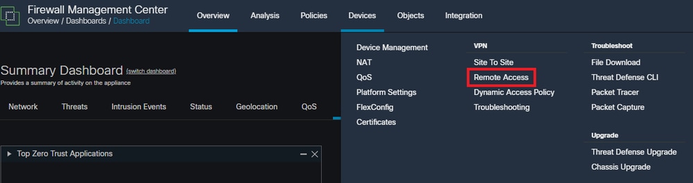 Visualizza l'esplorazione dell'interfaccia utente di FMC per accedere alla configurazione dei criteri VPN di Accesso remoto.