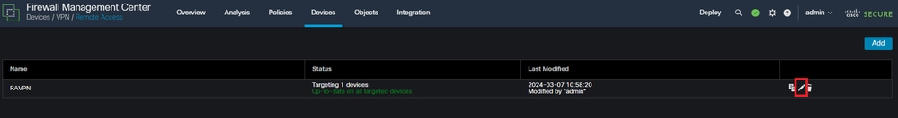 Visualizza come modificare i criteri VPN di Accesso remoto nell'interfaccia utente di FMC.