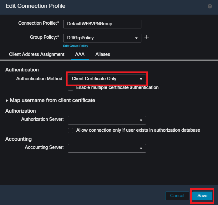 Modifica del metodo di autenticazione in certificato client solo per DefaultWEBVPNGroup nell'interfaccia utente di FMC.