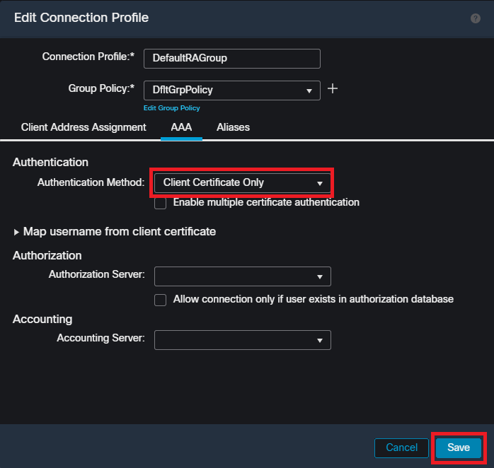 Modifica del metodo di autenticazione in certificato client solo per DefaultRAGroup nell'interfaccia utente di FMC.