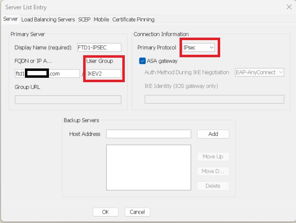 قم بتحرير ملف تعريف XML حتى يكون البروتوكول الأساسي IPsec، وتطابق مجموعة المستخدمين اسم ملف تعريف الاتصال.