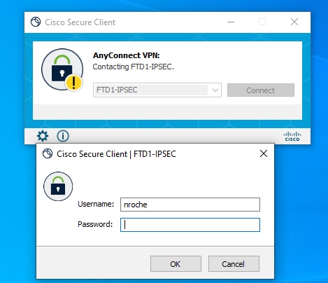 Visualizzazione interfaccia utente client sicura del tentativo di connessione RAVPN IPsec-IKEv2.