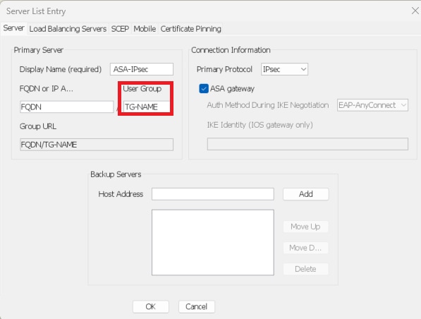 قم بتغيير البروتوكول الأساسي إلى IPsec. مطابقة اسم مجموعة المستخدمين مع اسم مجموعة نفق ASA لاتصالات IPsec-IKEv2.