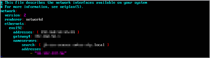 The screenshot shows an example /etc/netplan/01-netcfg.yaml configuration file from a lab system.