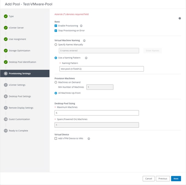 Horizon VmWare - Paramètres de provisionnement