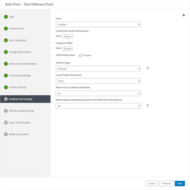 Horizon VmWare - Paramètres du pool de bureaux