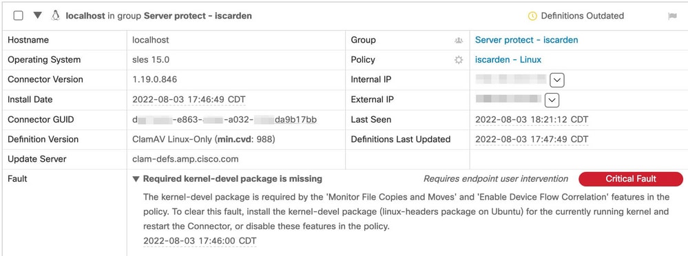 Secure Endpoint Console - Find Affected Device and Expand the Details to Verify the Fault Section