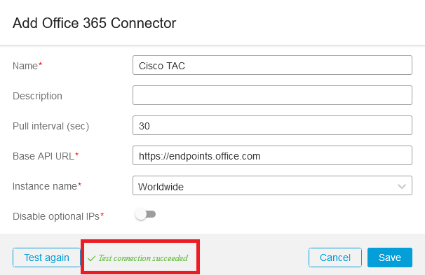 Êxito na configuração do conector do Office 365 do CSDAC