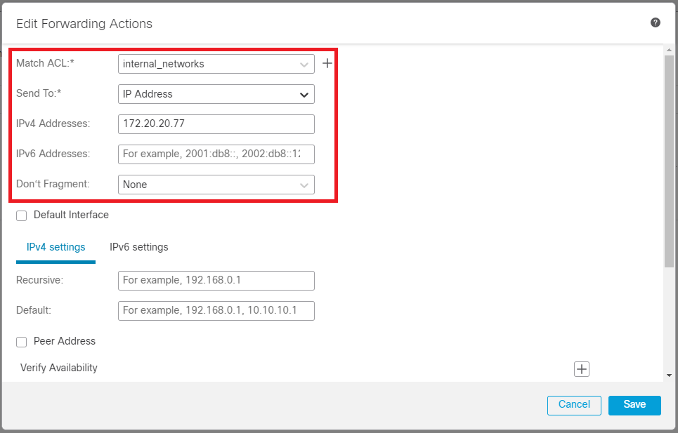 Forwarding Actions Configuration Window