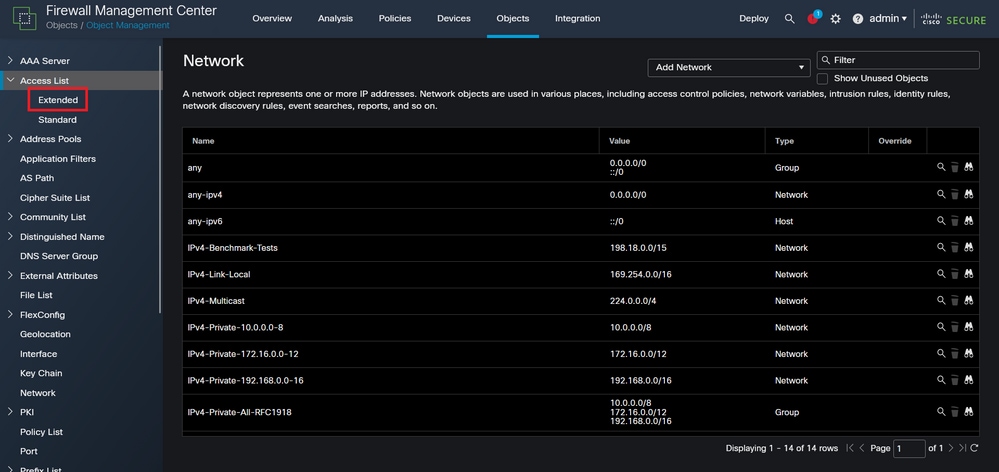 Imagem 5. Menu da ACL estendida